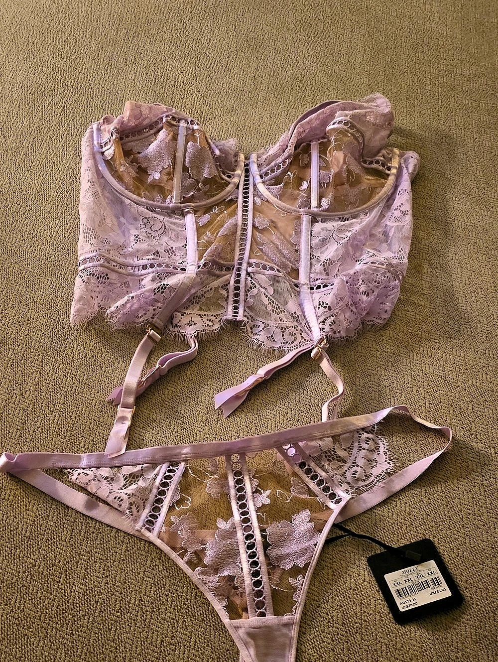 Honey Birdette Lace Bra and Thong Set in Lilac Size 38H And XXL Thong ( NWT)